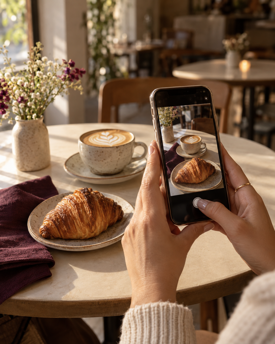 Mãos registrando um café com o celular, em uma cena editorial ilustrativa